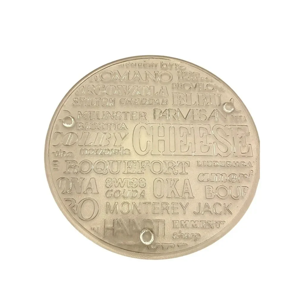 #7033 Glass cheese  Textured with cheese names round platter, 10.5 inch